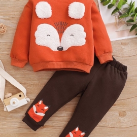 Gutter Fox Ears Sweatshirt Med Rund Hals + Fox Brodert Buksesett Barneklær Til Vinteren