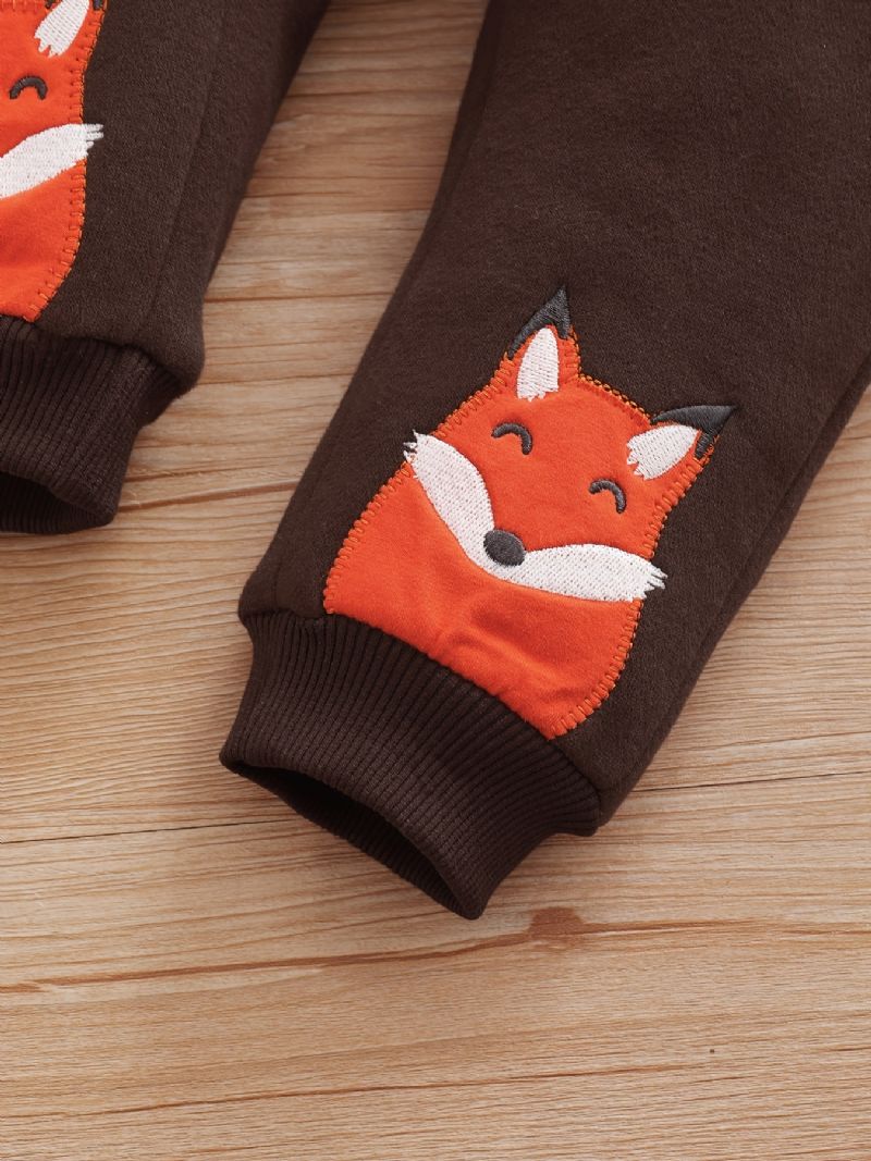 Gutter Fox Ears Sweatshirt Med Rund Hals + Fox Brodert Buksesett Barneklær Til Vinteren
