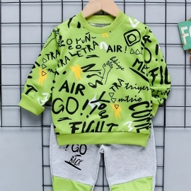 Gutter Graffiti Print Pullover Sweatshirt & Color Block Pants Set Barneklær