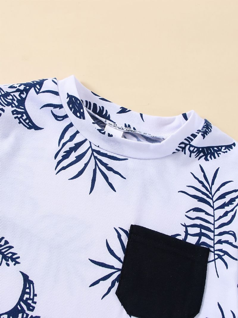 Gutter Leaf Print Kortermet Topp + Ensfarget Pocket Shorts Sett Barneklær