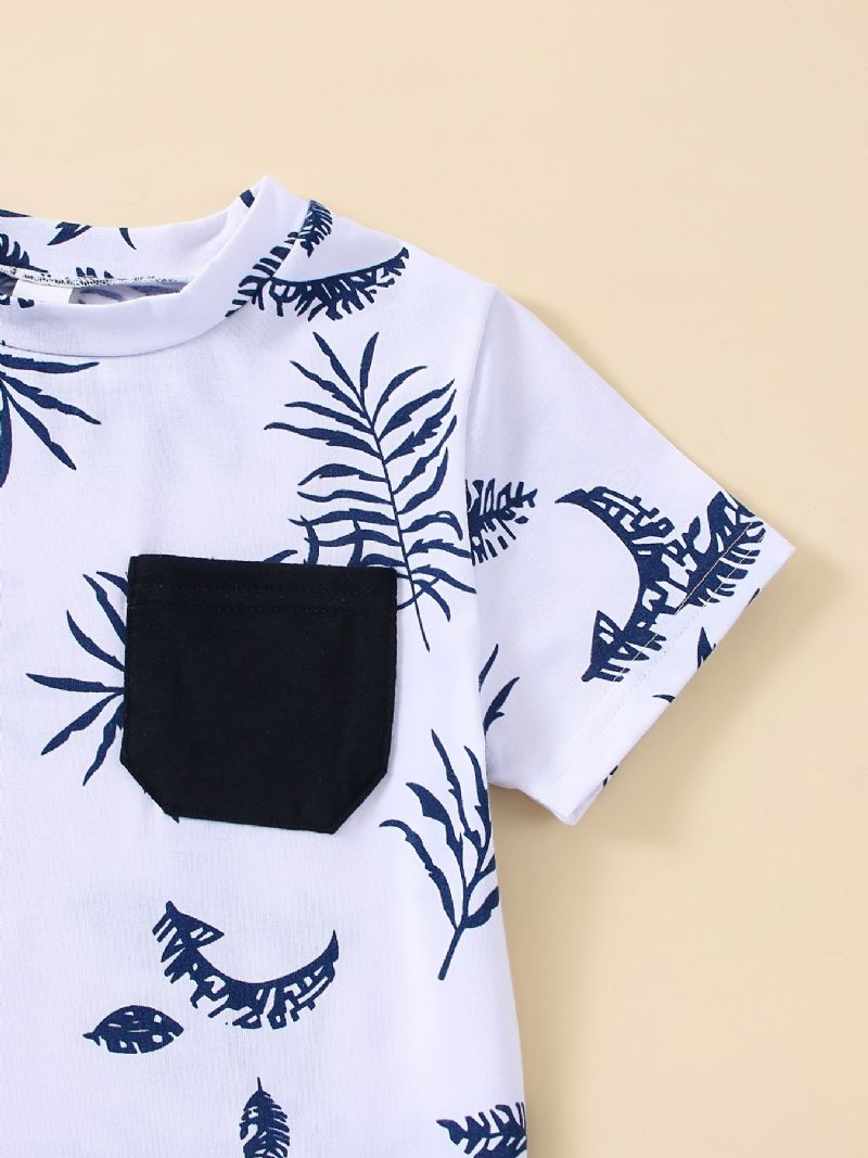 Gutter Leaf Print Kortermet Topp + Ensfarget Pocket Shorts Sett Barneklær