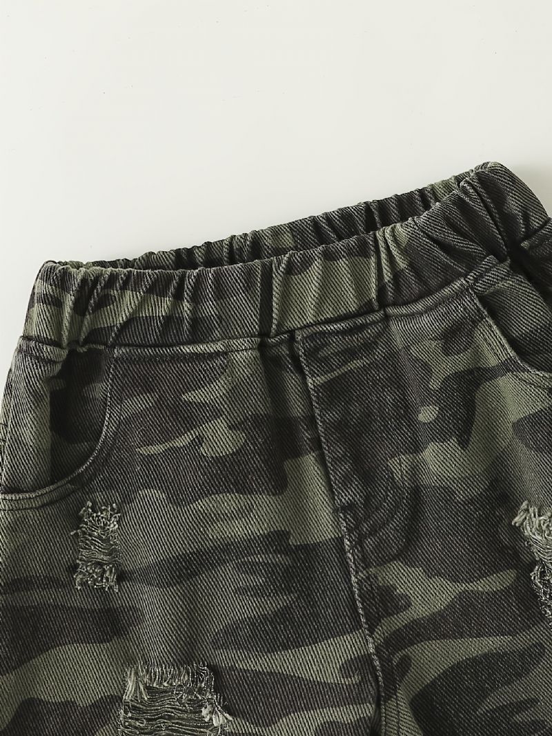 Gutter Letter Print Kortermet Topp + Camo Ripped Shorts Sett Barneklær