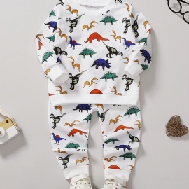 Gutter Mote Casual Dinosaur Print Rund Hals Sweatshirt Bukser Sett