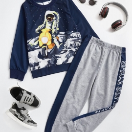 Gutter Pyjamas Familieantrekk Space Astronaut Print Rundhals Langermet Topp Og Buksesett Barneklær