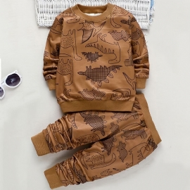 Gutter Rundhalset Sweatshirt + Bukser Sett Dinosaur Print Barneklær
