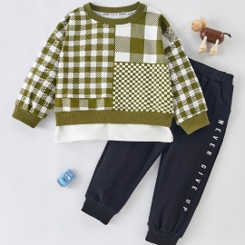 Gutter Rutete Patchwork Pullover Topp + Buksesett Babyklær