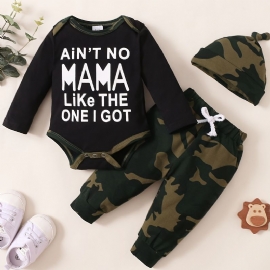 Gutter Slogan Print Langermet Jumpsuit + Camobukser + Hattesett Babyklær