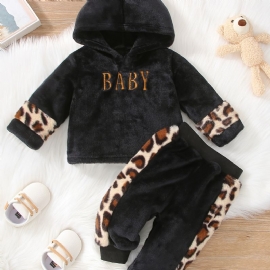 Gutter Uformelt Fleece Termisk Leopardprint Hette Topp Og Buksesett For Vinteren