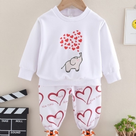 Høst Og Vinter Jenter Elephant Heart Print Rundhalset Sweatshirt Bukser Sett