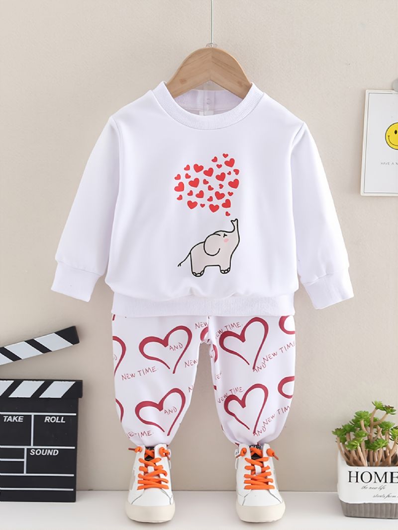 Høst Og Vinter Jenter Elephant Heart Print Rundhalset Sweatshirt Bukser Sett