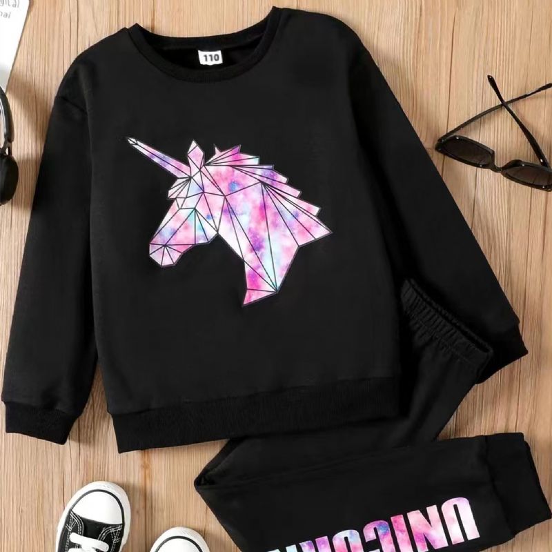 Høst Vinter Jenter Casual Unicorn Sweatshirt Bukser 2 Stk Sett