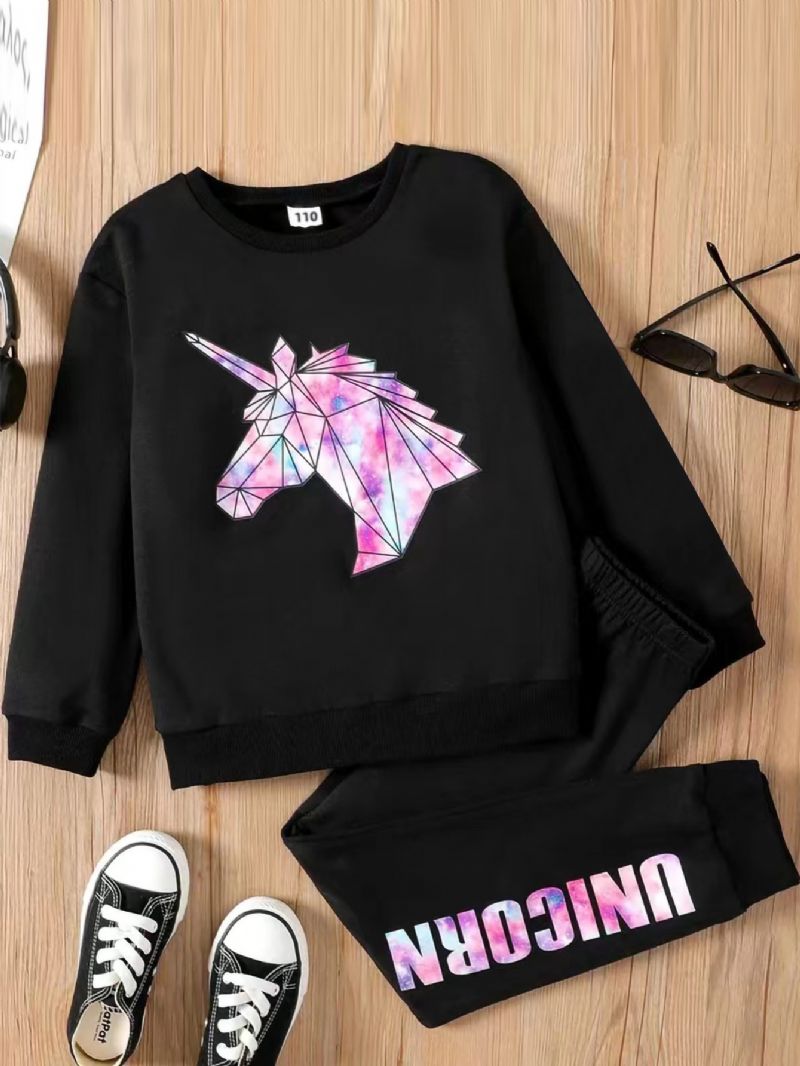 Høst Vinter Jenter Casual Unicorn Sweatshirt Bukser 2 Stk Sett