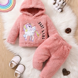 Jente Fleece Unicorn Brodert Pullover Hettegenser + Buksesett Babyklær Til Vinteren