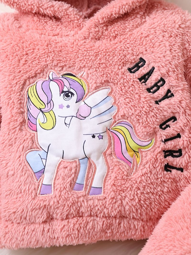 Jente Fleece Unicorn Brodert Pullover Hettegenser + Buksesett Babyklær Til Vinteren