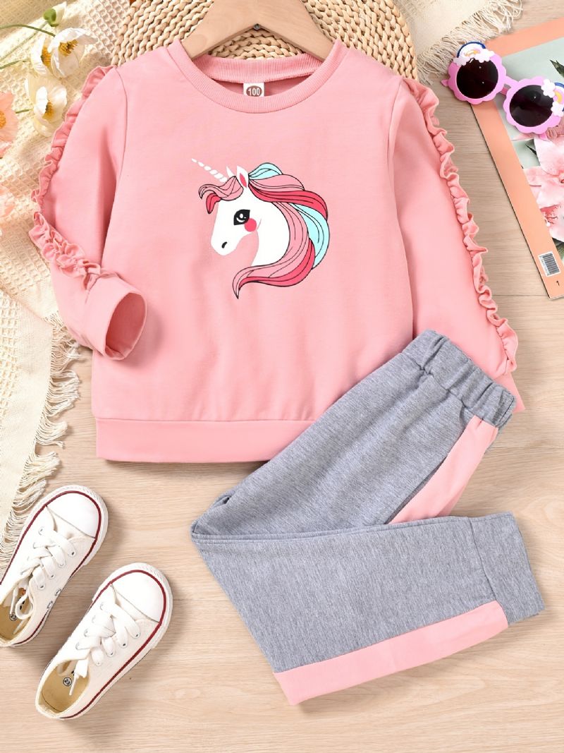Jente Unicorn Trim Langermet Sweatshirt + Matchende Colorblock Joggebuksesett For Vinter Barneklær