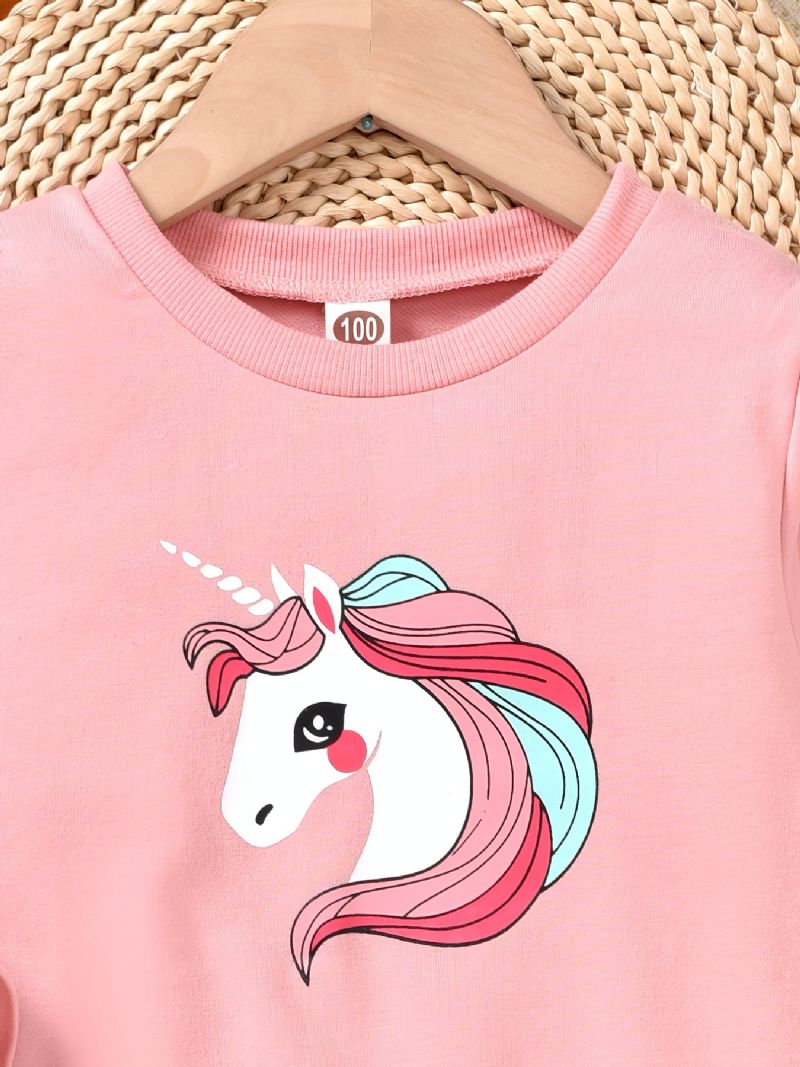 Jente Unicorn Trim Langermet Sweatshirt + Matchende Colorblock Joggebuksesett For Vinter Barneklær