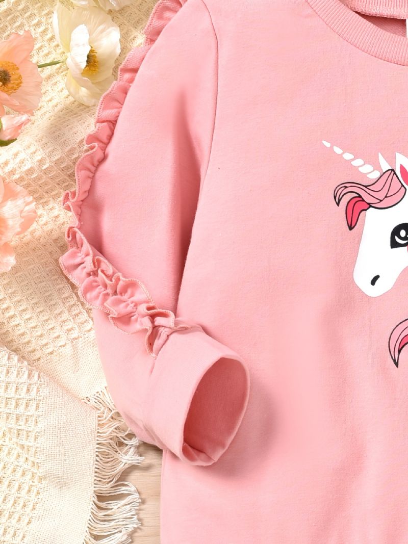 Jente Unicorn Trim Langermet Sweatshirt + Matchende Colorblock Joggebuksesett For Vinter Barneklær
