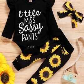 Jenter Alfabettrykk Ensfarget Langermet Romper Bodysuit + Sunflower Print Buksesett Barneklær