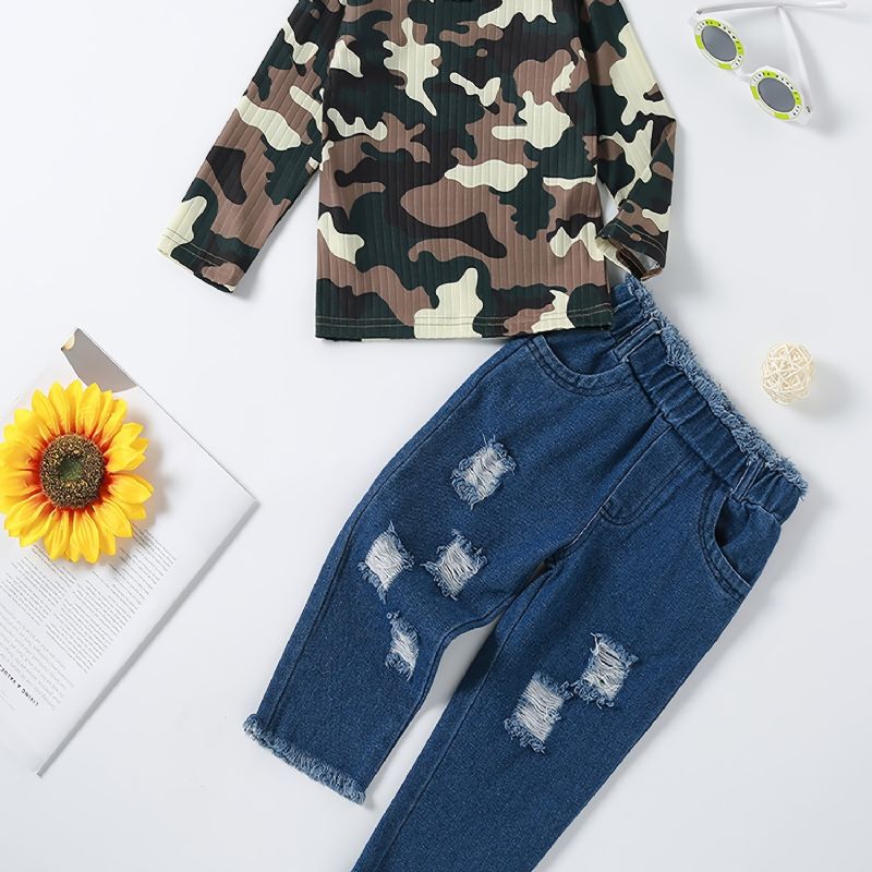 Jenter Camo Sleeve Top + Ripped Raw Hem Jeans Set Barneklær