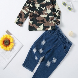 Jenter Camo Sleeve Top + Ripped Raw Hem Jeans Set Barneklær