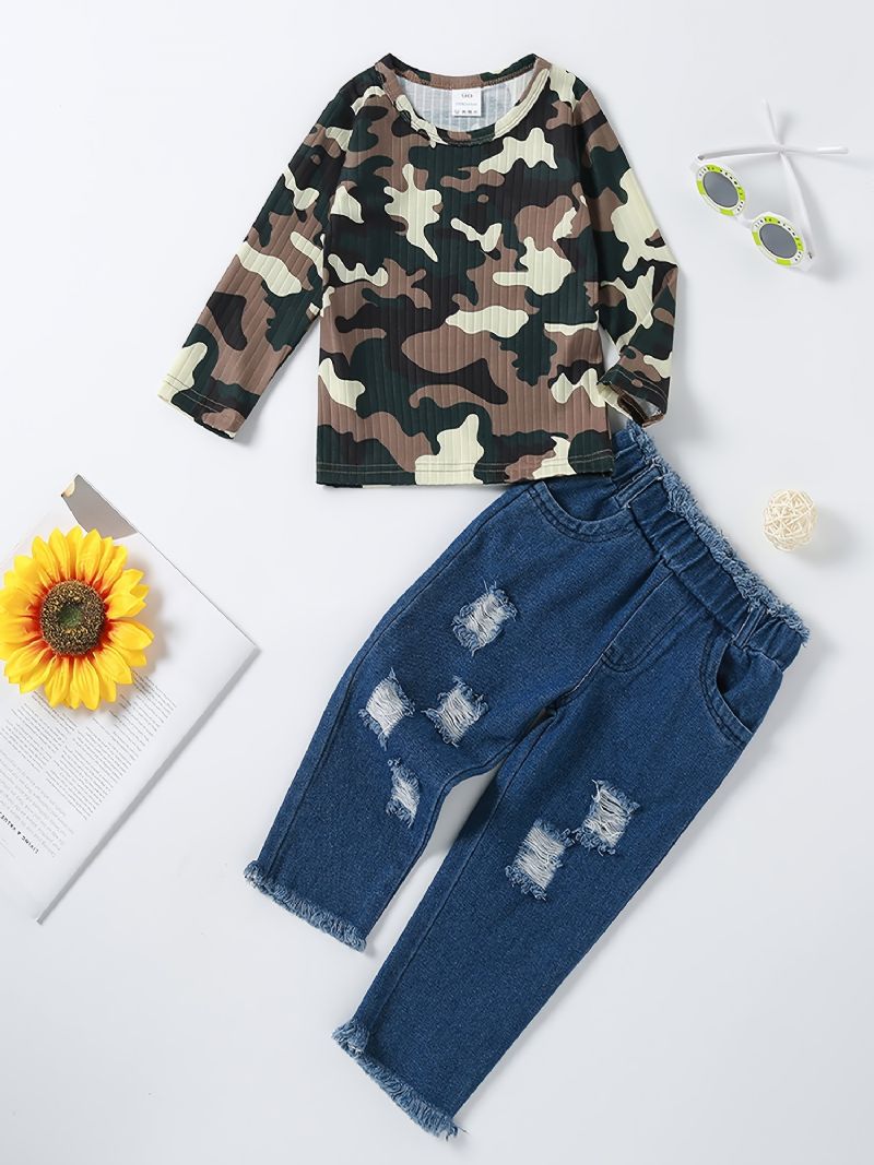 Jenter Camo Sleeve Top + Ripped Raw Hem Jeans Set Barneklær