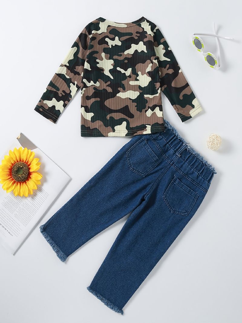 Jenter Camo Sleeve Top + Ripped Raw Hem Jeans Set Barneklær