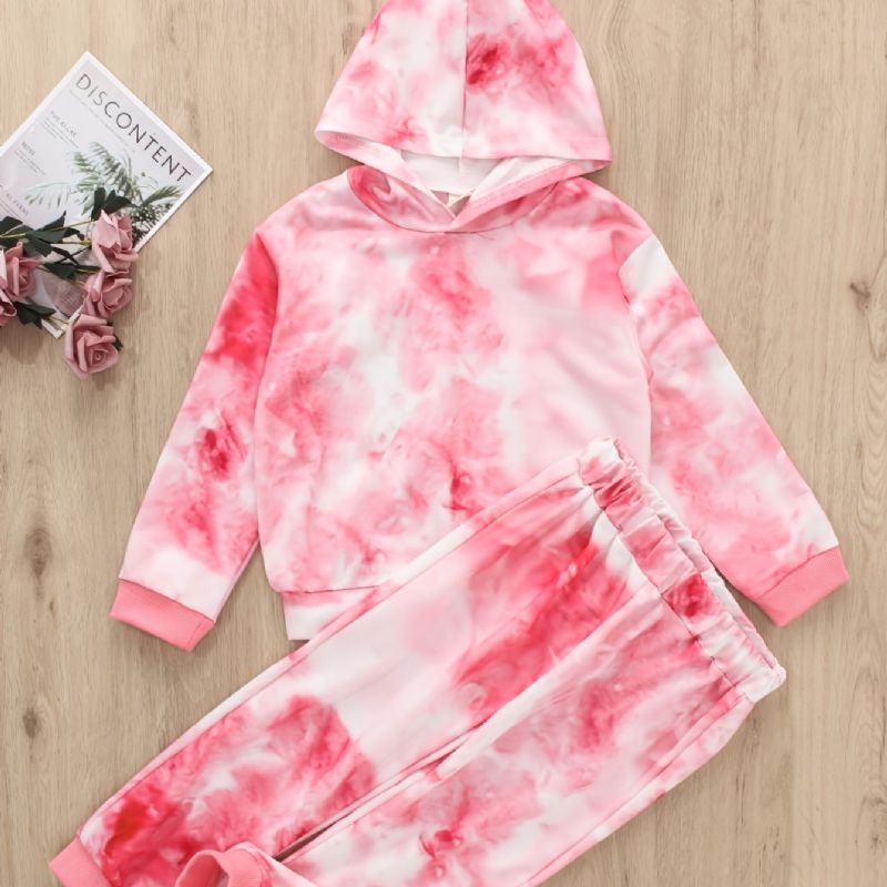 Jenter Casual Rosa Tie Dye Print Langermet Hettegenser Buksesett Høst Vinter