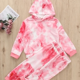 Jenter Casual Rosa Tie Dye Print Langermet Hettegenser Buksesett Høst Vinter