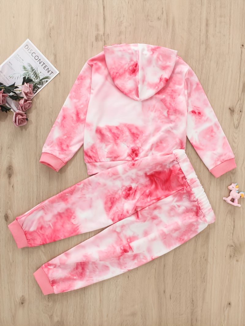 Jenter Casual Rosa Tie Dye Print Langermet Hettegenser Buksesett Høst Vinter