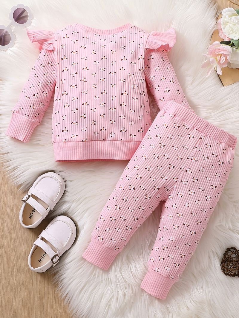 Jenter Floral Ruffle Pullover Sweatshirt + Buksesett Antrekk Babyklær