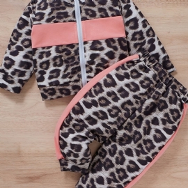 Jenter Leopard Print Color Block Sweatshirt Med Glidelås + Buksesett Babyklær