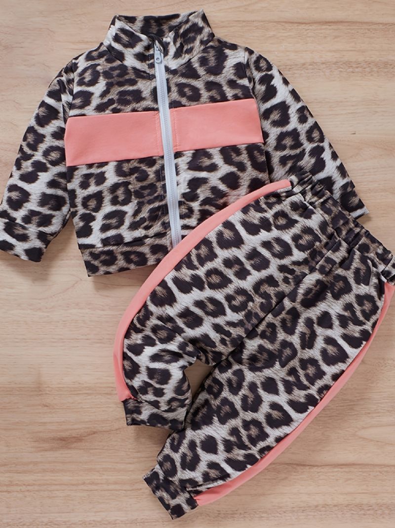 Jenter Leopard Print Color Block Sweatshirt Med Glidelås + Buksesett Babyklær