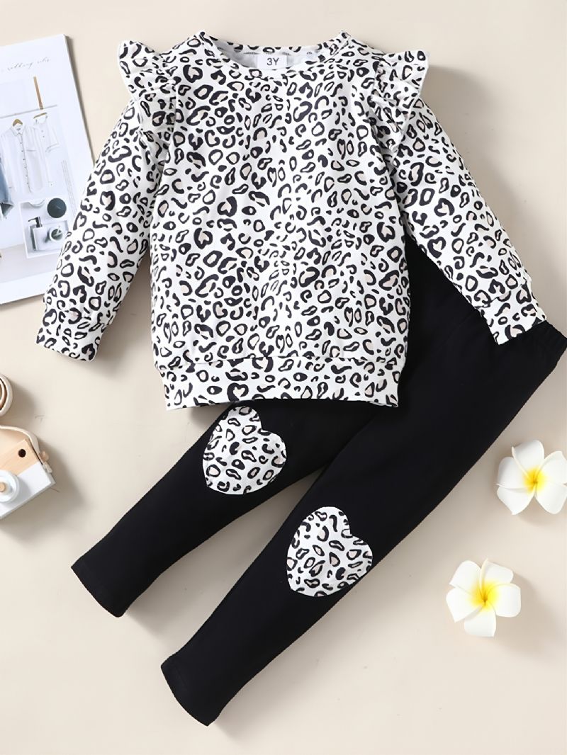 Jenter Leopard Print Pullover Topp + Hjerte Form Bukser Dress Baby Barneklær