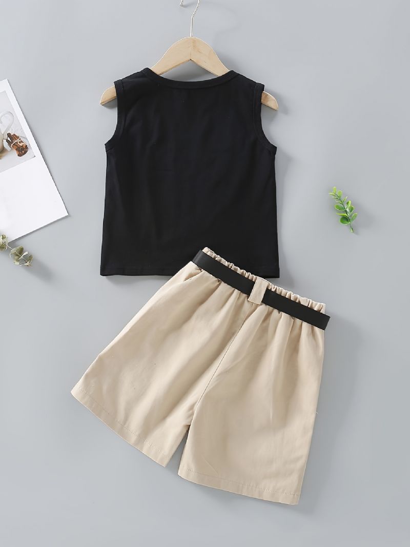 Jenter Letter Print Tank Top + Lommer Shorts Med Belte Sett Barneklær