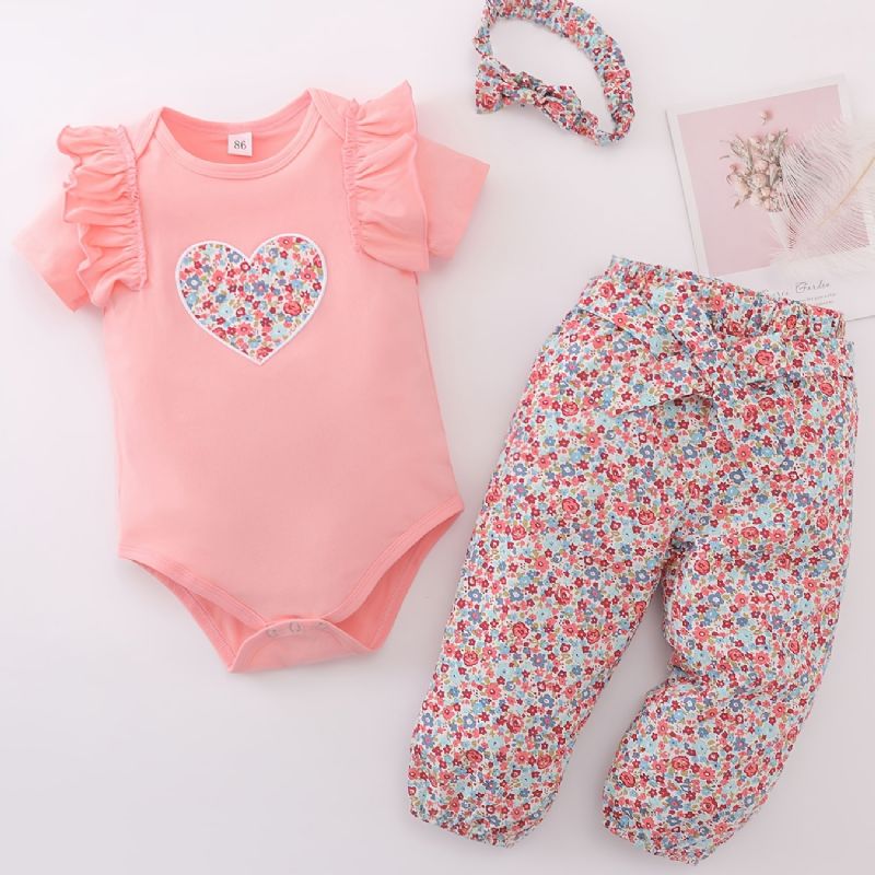 Jenter Patchword Ruffle Sleeves Romper Jumpsuit + Buksesett Babyklær