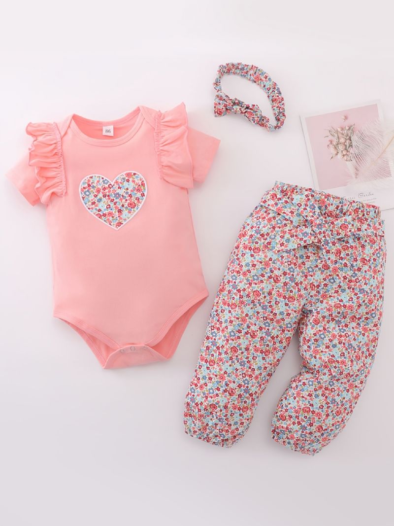 Jenter Patchword Ruffle Sleeves Romper Jumpsuit + Buksesett Babyklær