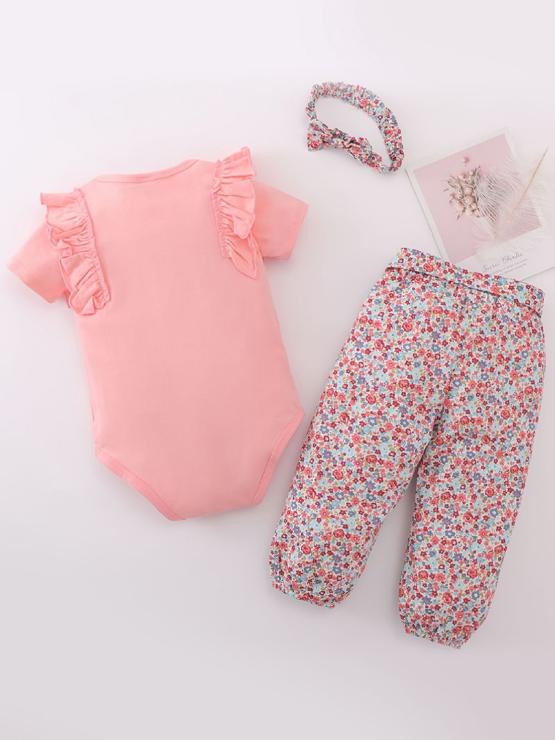 Jenter Patchword Ruffle Sleeves Romper Jumpsuit + Buksesett Babyklær