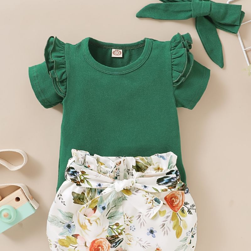 Jenter Ruffle Kortermet Topp + Blomstermønster Shorts + Pannebåndsett Babyklær