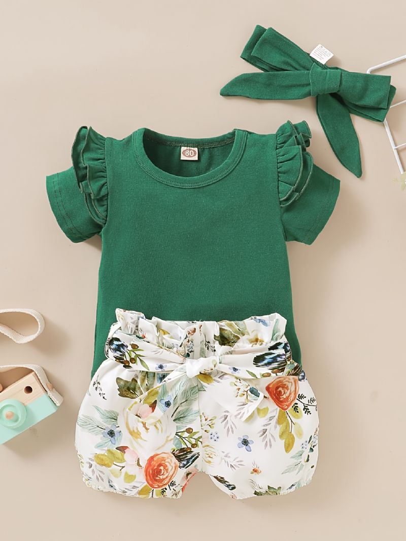 Jenter Ruffle Kortermet Topp + Blomstermønster Shorts + Pannebåndsett Babyklær