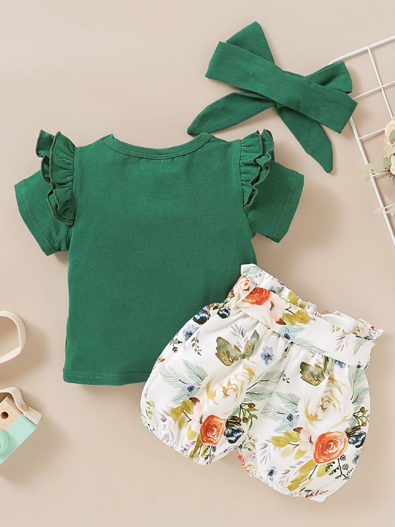 Jenter Ruffle Kortermet Topp + Blomstermønster Shorts + Pannebåndsett Babyklær