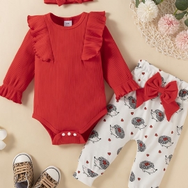 Jenter Ruffle Langermet Romper + Print Buksesett Babyklær Bodysuit