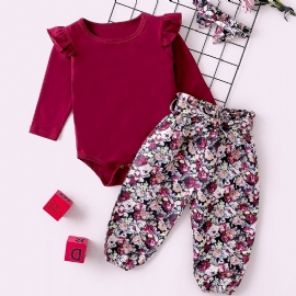 Jenter Ruffle Shoulder Langermet Romper Bodysuit + Blomsterprint Bukser + Pannebåndsett Babyklær