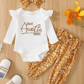 Jenter Ruffle Shoulder Langermet Romper Bodysuit + Print Bowknot Buksesett Babyklær