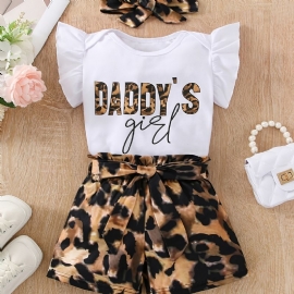 Jenter Ruffle Skulder Ermeløs Romper Bodysuit + Leopardprint Shorts Med Belte + Pannebåndsett Babyklær