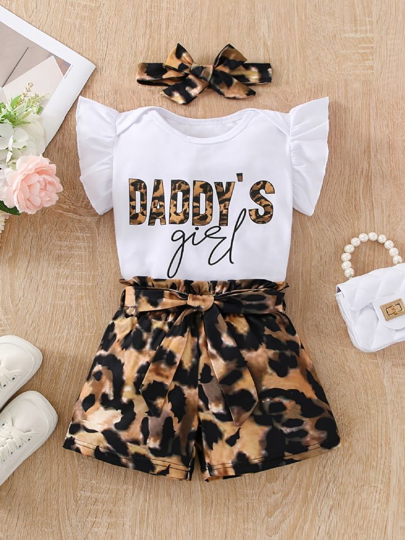 Jenter Ruffle Skulder Ermeløs Romper Bodysuit + Leopardprint Shorts Med Belte + Pannebåndsett Babyklær