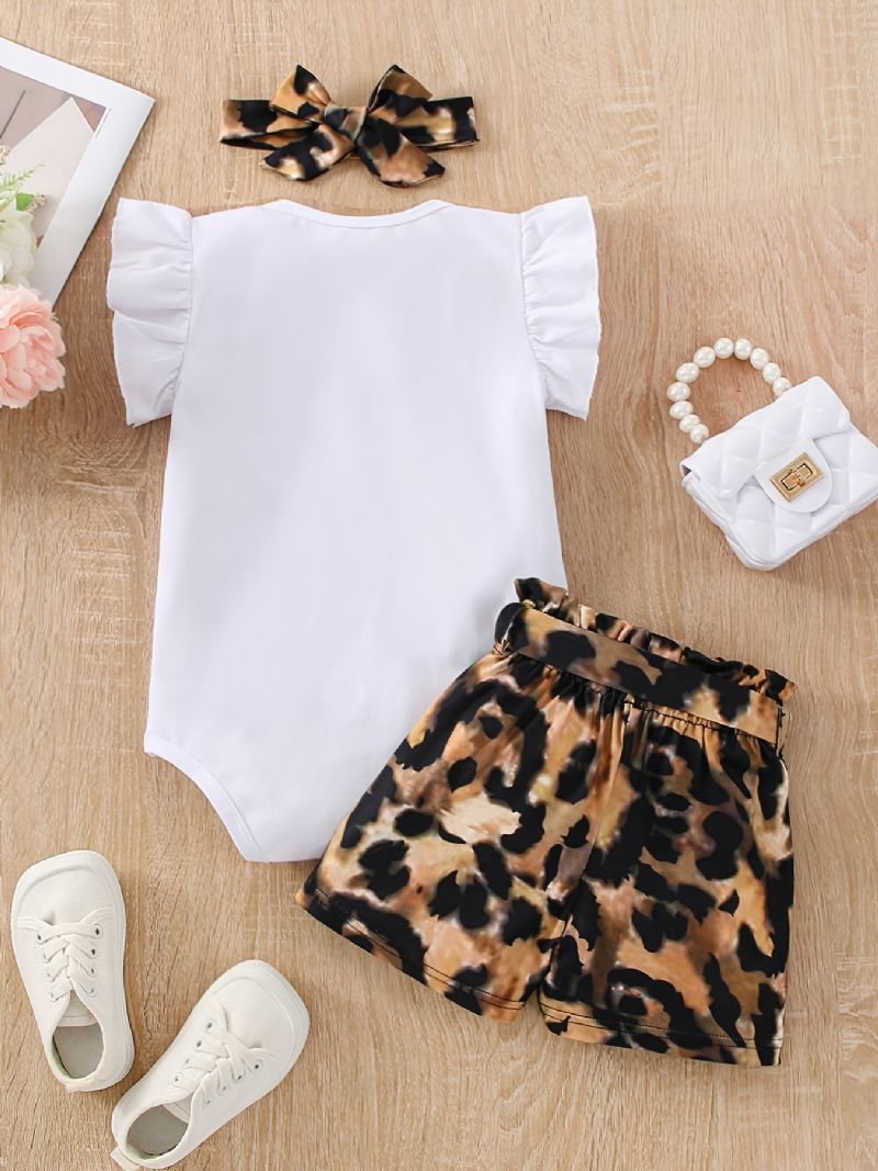 Jenter Ruffle Skulder Ermeløs Romper Bodysuit + Leopardprint Shorts Med Belte + Pannebåndsett Babyklær