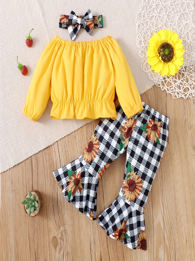 Jenter Yellow Crop Off Shoulder Langermet+flettet Solsikke Flare Benbukser+bow Pannebånd 3stk Sett