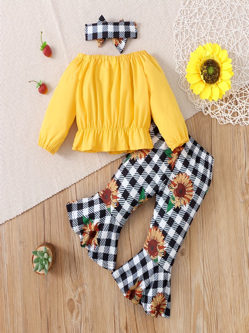 Jenter Yellow Crop Off Shoulder Langermet+flettet Solsikke Flare Benbukser+bow Pannebånd 3stk Sett