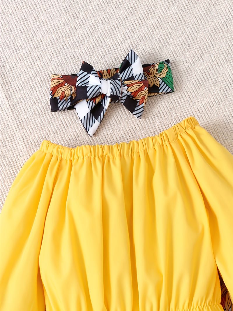 Jenter Yellow Crop Off Shoulder Langermet+flettet Solsikke Flare Benbukser+bow Pannebånd 3stk Sett