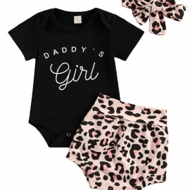 Kortermet Spedbarnsbukse Daddy's Jent Letter Print Bodysuit & Leopard Shorts & Pannebåndsett For Baby Jenter Småbarnsklær